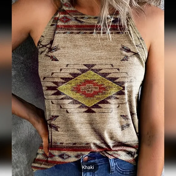 Aztec Print Crew Neck Vest, Vintage Sleeveless Summer Vest, Women's Clothing - Picture 1 of 3